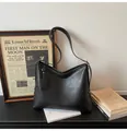 Retro black oversized faux leather tote bag with wide strap for daily commuting - Black