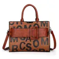 Brown faux leather tote bag with embossed letters, large buckle, and twin handles - Single Bag / Tan