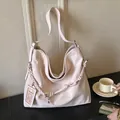 Large soft leather tote bag in beige with braided rope detail and square pendant - Pink