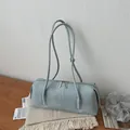 Sac baguette bleu clair minimaliste en cuir PU lisse avec fermeture éclair double - Bleu