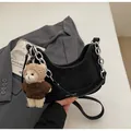 Chic black suede shoulder bag with chunky silver chain and cute teddy bear pendant - With Pendant / Black