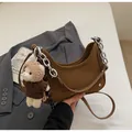 Brown leather crescent bag with silver chain, thin strap and cute plush bear charm - With Pendant / Brown