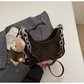 Dark brown crescent shoulder bag with silver chain and a cute knit bear pendant - With Pendant / Coffee