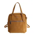 Large yellow leather tote backpack with silver zippers and embossed lettering design - Brown