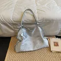 Borsa tote argento metallizzato Y2K con ricamo a stelle, lettere e ciondolo a stella - H Blu Grigio