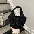 Black corduroy tote bag featuring grey bear patterns and side pocket for daily use - Corduroy Style / Black (Bear & Heart Pattern)