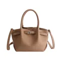 Brown lychee leather bucket bag with silver metal buckle and adjustable shoulder strap - Khaki