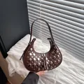 Dark brown half-moon hobo bag with silver punk rivets and adjustable shoulder strap - Brown