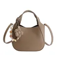 Sac seau en cuir grainé marron avec breloque fleur en perles et bandoulière - Avec Pendentif Fleur / Kaki