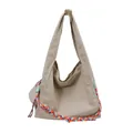 Minimalist beige tote bag featuring a vibrant multi-color woven rope decorative trim - Beige
