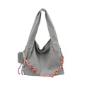Grey nylon hobo tote bag with colorful braided lanyard and matching small side pouch - Gray
