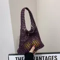 Bolso de mano de malla hueca morada hecho a mano en cuerda de algodón con asa única - Púrpura