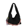 Minimalist black fabric tote bag with colorful braided cord and wide shoulder strap - Black