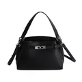 Chic black lychee grain leather square handbag with silver interlocking buckle and strap - Black