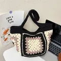 Handmade crochet granny square tote bag in black and lavender with wide shoulder strap - Black