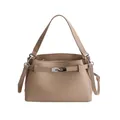 Elegant camel lychee texture square handbag with silver metal buckle and strap - Khaki