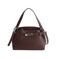 Minimalist dark brown litchi grain leather handbag with silver metal hardware and strap - Brown
