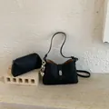 Black lychee texture faux leather underarm bag set with heart charm and silver hardware - With Pendant / Black