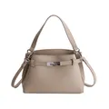 Minimalist beige lychee grain leather handbag with silver buckle and thin strap - Apricot