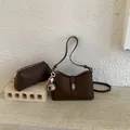 Dark brown textured PU leather shoulder bag and matching zipper pouch set with charm - With Pendant / Coffee