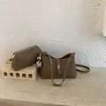 Khaki brown lychee texture saddle shoulder bag with leopard pompom zip pouch - With Pendant / Khaki