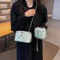 Light green quilted leather box bag with silver chain strap in two miniature sizes - Large / Blue