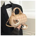 Plaid checked crossbody bag in coffee brown with wooden horse charm and top handles - With Horse Charm / Khaki