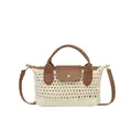Beige geweven net-schoudertas met bruine lederen handgrepen en magneetsluiting - Broken Wit