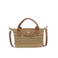 Gevlochten strooien crossbodytas met bruine leren flap en gouden metalen gesp - Khaki