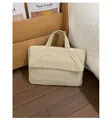 Minimalist cream beige quilted laptop handbag with dual straps and front flap pocket - Off White