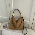 Brown lychee leather hobo tote bag with gold chain and dark brown shoulder strap - Brown