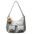 Hellgraue Schultertasche aus Kunstleder mit Schnallentaschen und süßem Bärenanhänger - Mit Anhänger / Hellblau