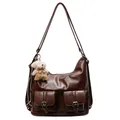 Dunkelbraune Vintage-Hobo-Tasche aus PU-Leder mit Taschen und süßem Bärenanhänger - Mit Anhänger / Braun