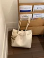 White faux leather tote bag with decorative buckle and cute teddy bear charm - With Charm / White