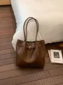 Minimalist dark brown tote bag in matte faux leather with vintage buckle shoulder straps - No Pendant / Brown