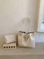 Creamy beige tote bag and matching pouch set with premium glossy faux leather finish - No Pendant / White