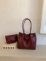 Large burgundy leather shoulder tote bag with a matching small zipper clutch bag - No Pendant / Red