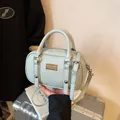 Elegant mint green pebbled leather small Boston handbag with top handles and strap - Basic Style / Blue (No Pendant)