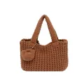 Brown woven crochet handbag with waffle texture and handmade heart charm on white background - Brown