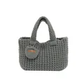 Grey handmade knit tote bag featuring a honeycomb pattern and heart-shaped charm - Light Green