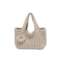 Beige knitted tote bag with handmade leather label and matching round coin purse charm - Off White