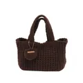 Brown knit tote bag with handmade wooden tag and mini pouch charm accessory - Coffee
