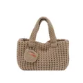 Handmade woven knit handbag in light beige with honeycomb texture and round charm - Khaki