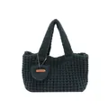 Dark teal woven knit tote bag with handmade leather tag and matching mini pouch charm - Dark Green