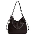 Retro large capacity shoulder bag in dark brown leather with decorative white stitching - No Pendant / Coffee