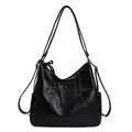 Versatile black PU leather tote bag with white contrast stitching and adjustable strap - No Pendant / Black