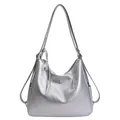 Retro silver metallic shoulder bag with adjustable straps and multiple utility pockets - No Pendant / Silver