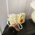Handmade crochet shoulder bag with 3D sunflower pattern and white pearl buckle - Beige Small
