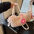Pink and green floral knit bucket bag with pearl detail and crossbody strap - Pink Large