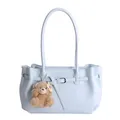 Bolso tote minimalista de cuero PU azul claro con un llavero decorativo de oso de peluche - Con Colgante / Azul